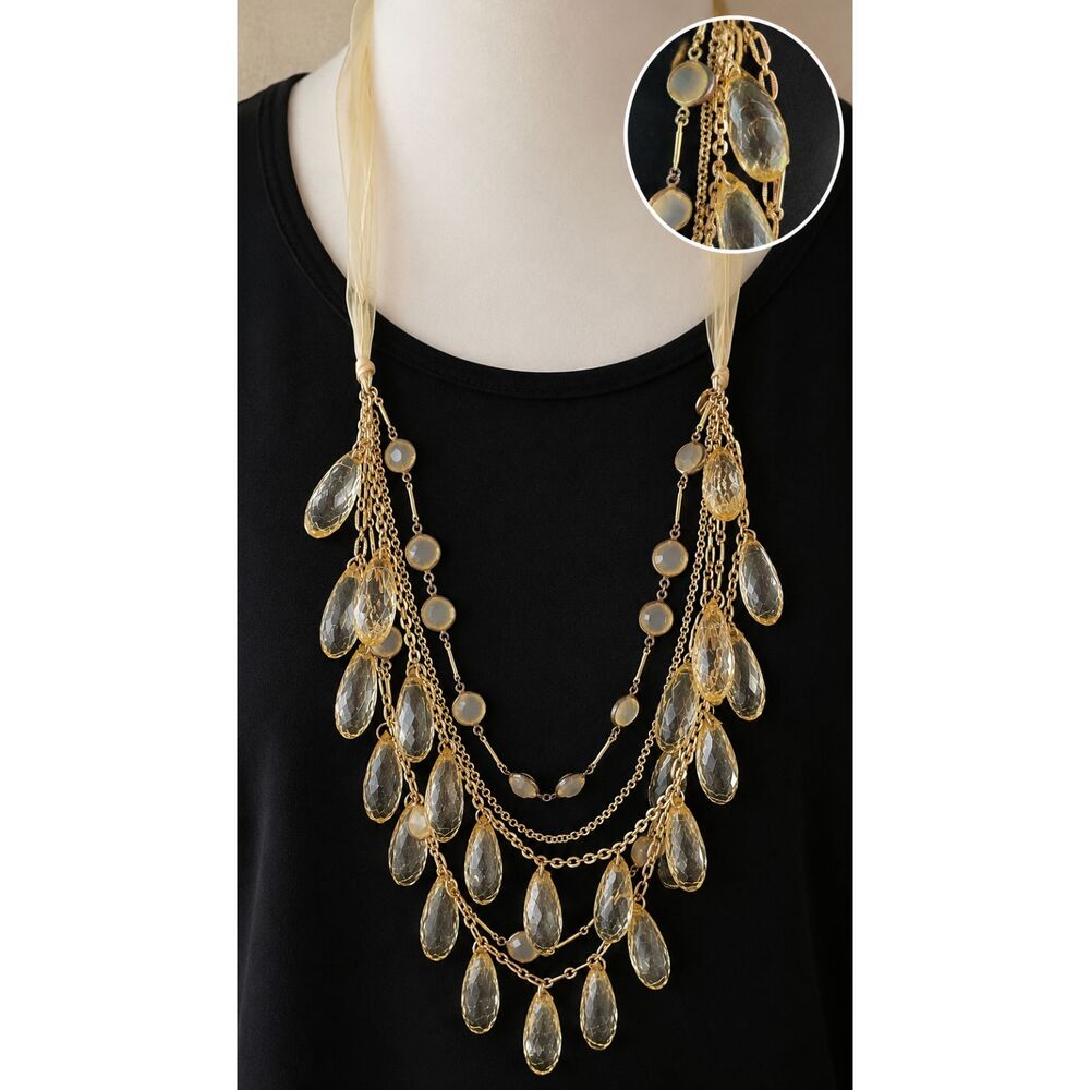 Vintage Talbots Gold Tone Multi Strand Faceted Teardrop Statement Bib Necklace